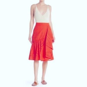 Trina Turk Eyelet Midi Skirt Ruffles Asymmetrical Size 12 Summer Poppy Red Coral